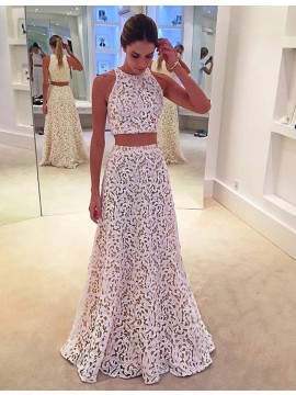 Two Piece Jewel Floor-length Simple White Lace Prom Dress