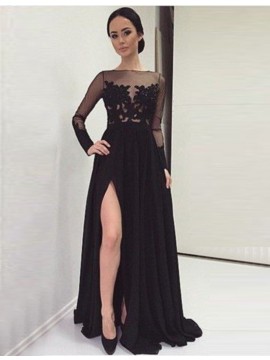 Black Illusion Long Sleeves Sweep Train Split Prom Dress with Lace
