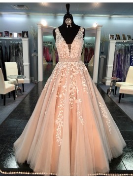 A-line V-neck Sweep Train Peach Prom Dress with Appliques