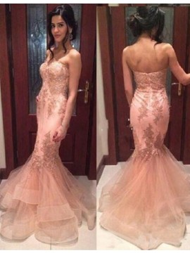 Mermaid Strapless Sweep Train Pink Prom Dress with Appliques Lace