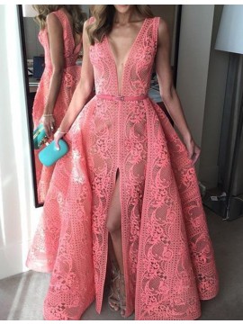 A-line Deep V-neck Split Watermelon Lace Prom Dress with Belt
