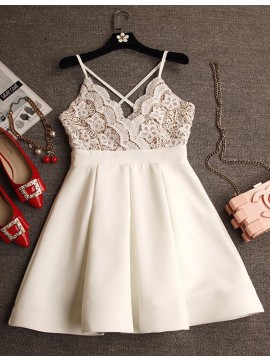A-Line V-Neck Criss-Cross Straps Short White Homecoming Dress with Lace
