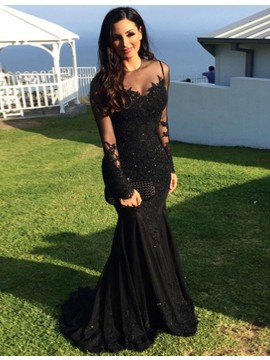 Mermaid Illusion Neck Long Sleeves Beaded Black Prom Dress with Appliques