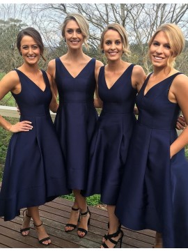 High Low V Neck Navy Blue Bridesmaid Dress with Pockets