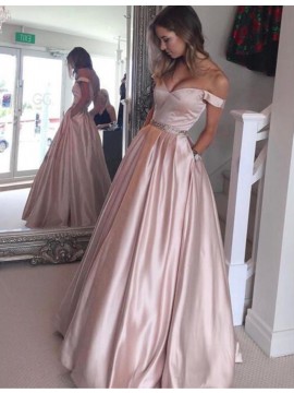 A-Line Off-the-Shoulder Pearl Pink Prom Dress with Beading Pockets