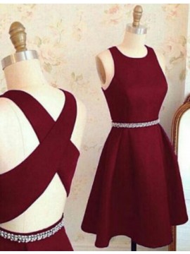 A-Line Jewel Sleeveless Burgundy Homecoming Dress with Beading