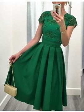 A-Line Cap Sleeves Short Beaded Green Prom Dress with Lace