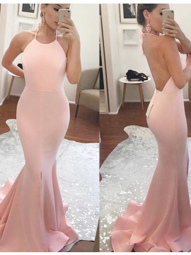 Mermaid Halter Sweep Train Backless Pearl Pink Prom Dress with Split