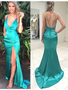 Sheath Deep V-neck Backless Sweep Train Split Turquoise Prom Dress