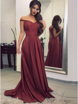 A-Line Off-the-Shoulder Pleated Burgundy Satin Prom Dress with Sash