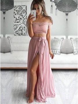 Two Piece Off-the-Shoulder Blush Pink Chiffon Prom Dress with Lace