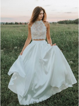 Two Piece High Neck Open Back White Prom Dress with Lace