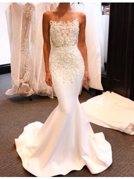 Mermaid Strapless Sweep Train White Prom Dress with Appliques Beading 