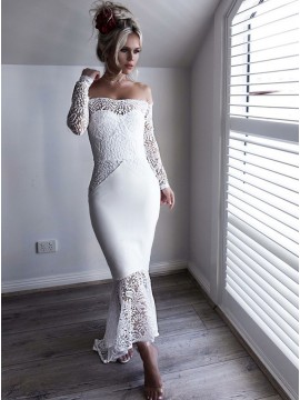 Mermaid Off-the-Shoulder Long Sleeves White Lace Long Prom Dress