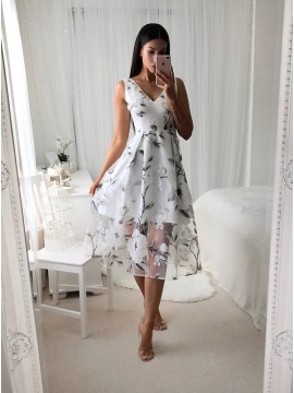 A-Line V-Neck Mid-Calf White Printed Organza Prom Dress with Pleats