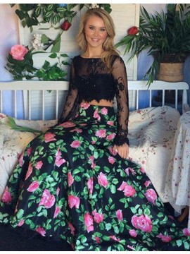 Two Piece Mermaid Bataeu Long Sleeves Floral Prom Dress with Lace
