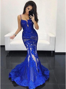 Mermaid Spaghetti Straps Sweep Train Royal Blue Lace Prom Dress