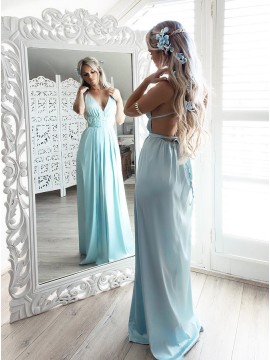 A-Line Spaghetti Straps Floor-Length Mint Chiffon Prom Dress