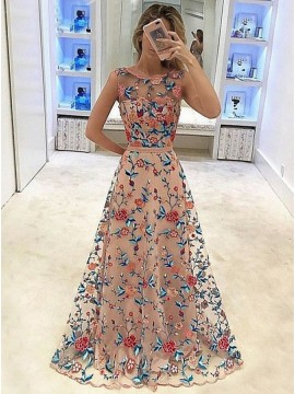 A-Line Crew Long Prom Dress with Embroidery Sash Blush Party Dress