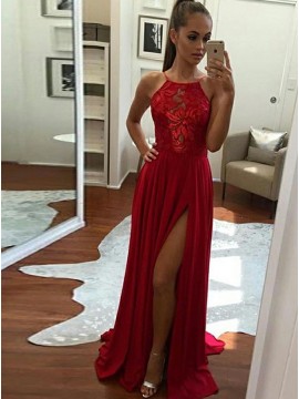 A-Line Halter Backless Slit Leg Red Prom Dress with Lace