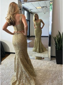 Two Piece Mermaid V-Neck Sweep Train Champagne Lace Prom Dress 