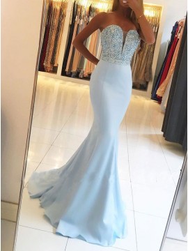 Mermaid Sweetheart Evening Dress Backless Long Light Blue Prom Dress with Beading