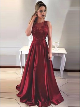 A-Line Jewel Floor-Length Burgundy Satin Prom Dress With Lace