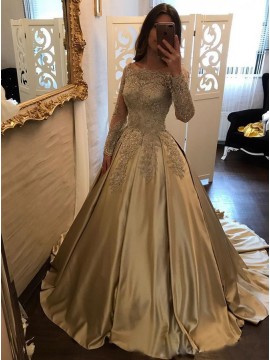 Ball Gown Bateau Long Sleeves Champagne Satin Prom Dress with Appliques Beading