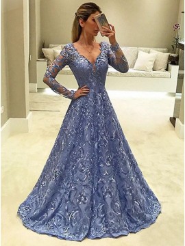 A-Line V-Neck Long Sleeves Blue Long Lace Prom Dress