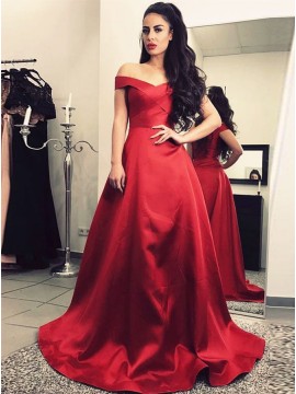 A-Line Off-the-Shoulder Floor-Length Dark Red Prom Dress  