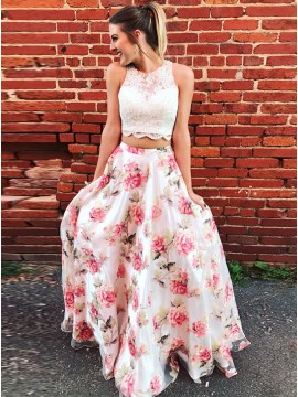 Two Piece Round Print Pink Chiffon Gorgeous Prom Dress With Lace