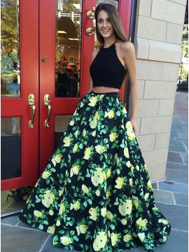 Halter Two Piece Prom Dress with Lace Pleats Floral Party Dress