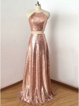 Two Piece Round Neck Open Back Rose Gold Sequined Prom Dress