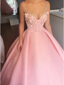 Ball Gown Spaghetti Straps Pink Satin Prom Dress with  Appliques Beading
