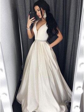 A-Line V-Neck Ivory Satin Beaded Long Simple Prom Dress with Pockets