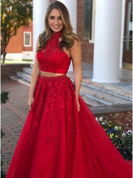 Two Piece High Neck Open Back Pearled Red Prom Dress with Appliques