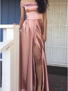 A-Line Off-the-Shoulder Slit Legs Simple Blush Prom Dress