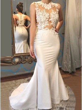 Mermaid Scalloped Button Beaded White Prom Dress with Appliques 