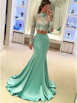 Two Piece Mermaid High Neck Long Sleeves Turquoise Prom Dress with Appliques 