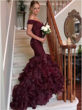 Mermaid Off the Shoulder Burgundy Prom Dress