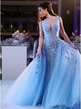 Sparkly A-Line Crew Long Evening Party Dress Blue Prom Dress with Appliques Beading