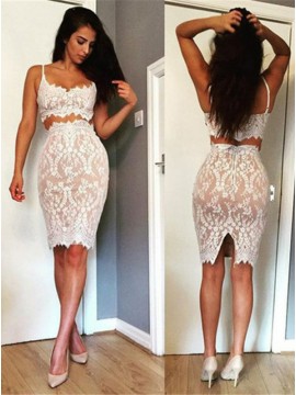 Two Piece Spaghetti Straps Knee-Length White Lace Sexy Cocktail Dress