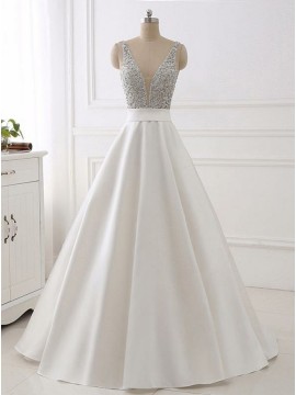 Elegant A-Line Deep V-Neck Long Backless White Prom Dress with Beading 