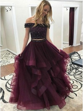 Two Piece Off-the-Shoulder Tiered Beaded Burgundy Tulle Prom Dress