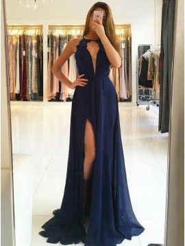 A-Line Crew Open Back Sweep Train Navy Blue Prom Dress with Lace Split