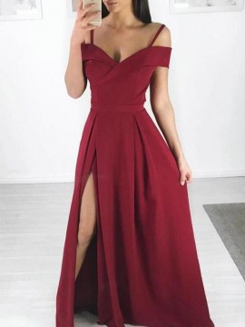 A-Line Spaghetti Straps Simple Dark Red Prom Dress with Split