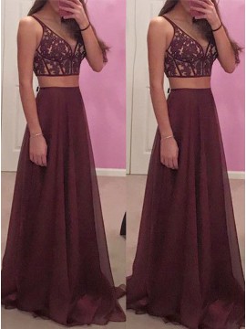 Two Piece V-Neck Sexy Burgundy Chiffon Prom Dress with Appliques