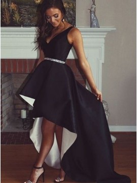 A-line V-Neck High Low Black Satin Prom Dress with Beading
