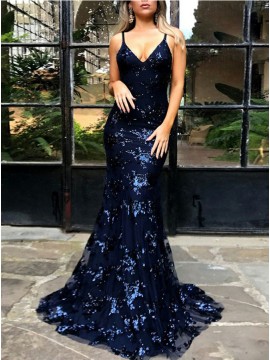 Mermaid Sexy Backless Dark Blue Lace Prom dress with Sequin