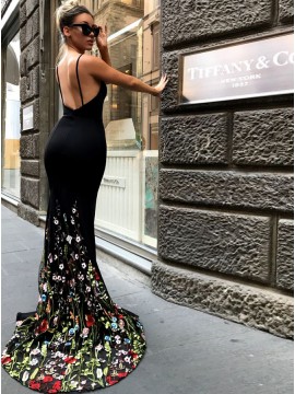 Mermaid Spaghetti Straps Backless Sexy Black Prom Dress